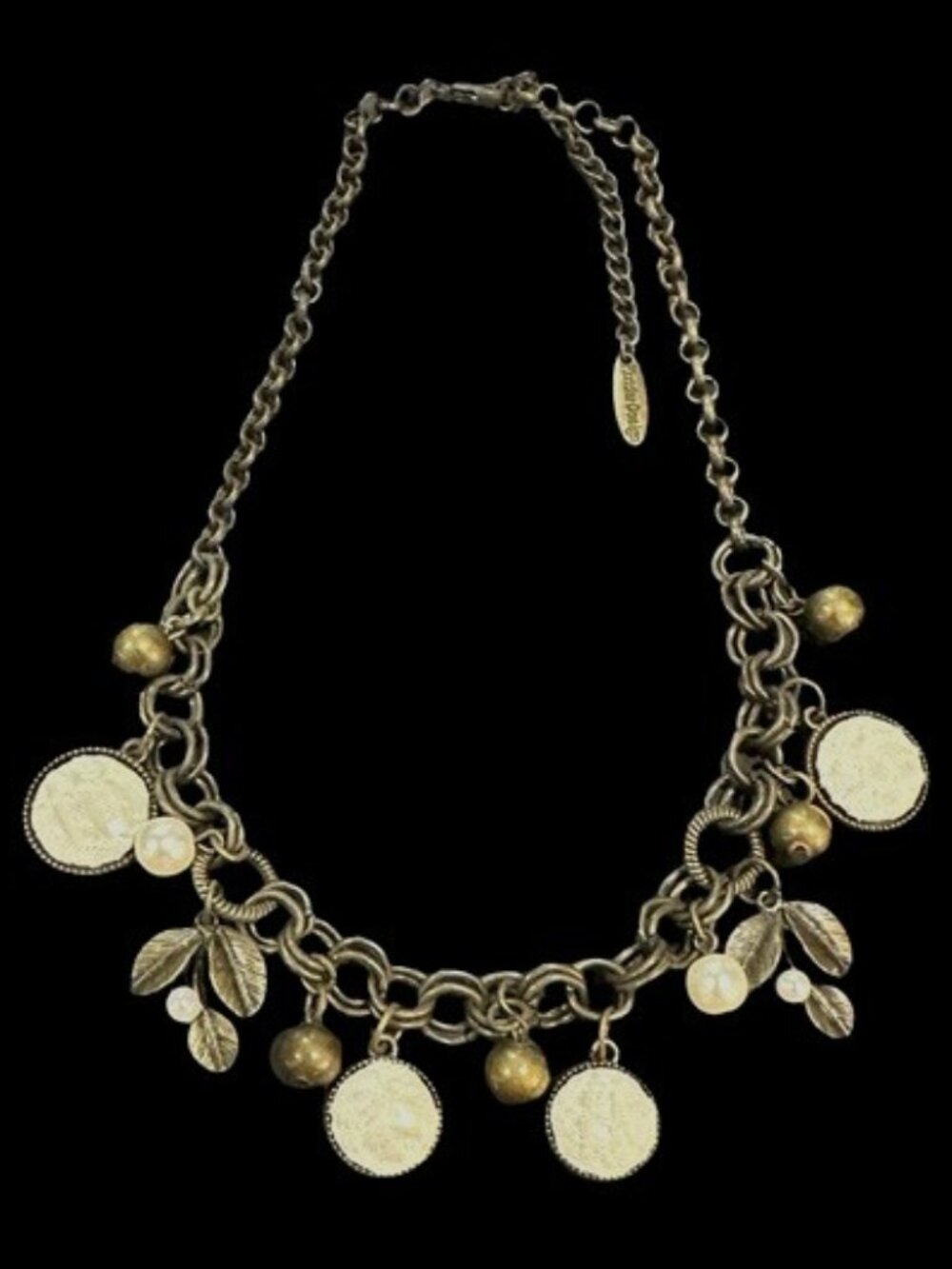 Plunder Statement Necklace Charms Beaded Fringe Antique Gold Tone Adjustable